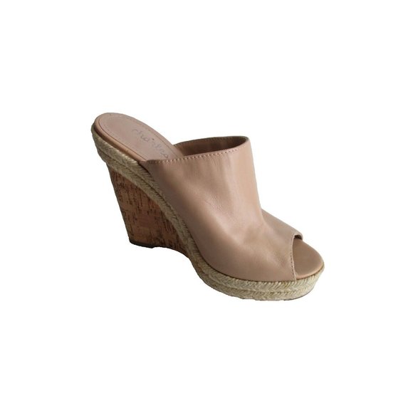 *Charles David Beige Leather Mule Espadrille Slide Peep Toe Wedge Heels - Picture 1 of 7